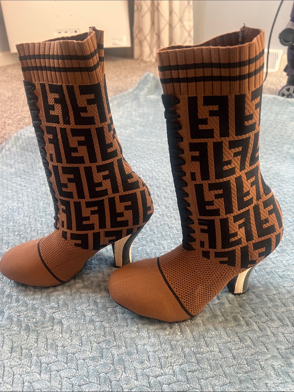 Fendi Brown and Black FF Monogram Knit Sock Boots